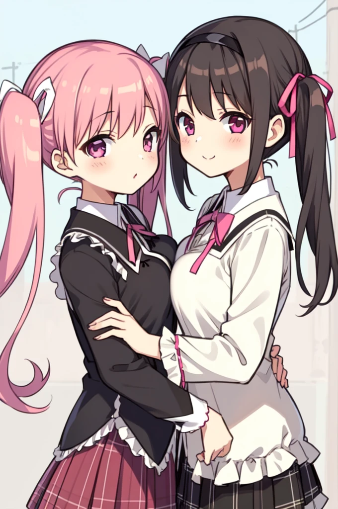 2girls, akemi homura, alternate breast size, black hair, day, bow, breast press, hair ribbon, hairband, kaname madoka, long hair, looking at viewer, mitakihara , multiple girls, pink eyes, pink hair, plaid, plaid skirt, purple eyes, ribbon, , short hair, short twintails, simple background, skirt, symmetrical docking, twintails, white background, (((yuri,outdoors,潰れた大きい胸))),