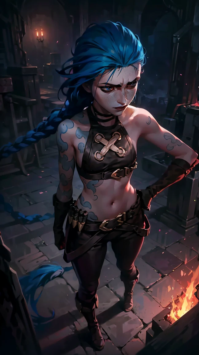 (masterpiece, Best quality), 1 girl, portrait, very sexy, crazy look, smile, crying, pink tears, tears on the cheeks, tears from eyes, full length (full body 1.1.), очень feminine, fighting stance, battle, fire, explosions, burning city, Beautiful waist, gloomy composition, flame, fire, Flash, very beautiful, feminine, long hair, hair braided in long braids, very sexy, tight leather pants, emphasis on the eyes, emphasis on the face, Beautiful face, Hands, Hair, Haired ponytail, red purple eyes, Джинкс crying, Blue cloud tattoo, (masterpiece, Best quality), Side lighting, beautiful detailed eyes, crazy face), (Best quality), (masterpiece), magic photography, Spectacular lighting, Photorealism, ultra detailed, интимная portraitная композиция, 1. 4,8 k UHD, aesthetic, Cd., A high resolution, 8 k, better lighting, Best shade, Ultra-HD, A high resolution, sharp focus, Complex background, Cinematic lighting, ((Landscape view)), 4K block, (better lighting), ((Cinematic lighting)),
