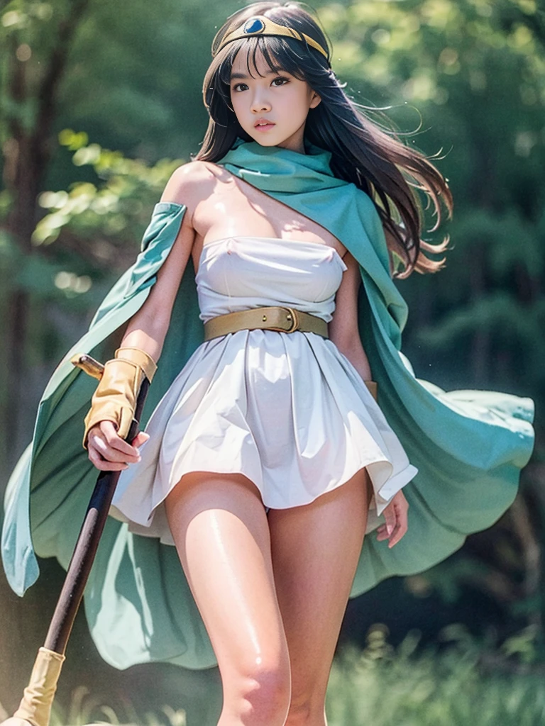 sage_(dq3), 1girl, 
(the vast grasslands), (clear sky), 
walking through the vast grasslands, 

long hair, blue hair, normal breast, cleavage, (nipples), (bare shoulders), 
(circlet), (yellow gloves), (white dress), (belt), (cape), (knee-high boots), 
(holding a wooden staff), 

(cowboy shot), from below, 
detail face, (photorealistic:1.4), ultra high res, best quality, ((detailed facial features)), 8k resolution,
