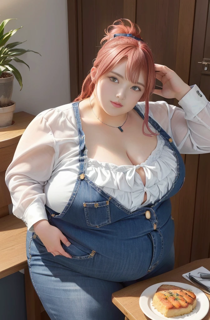 Makima de l'anime "chainsaw man", bbwchan, corps entier, magnifique et ultra détaillée. Ssbbw, obésité morbide, Cheveux rouges, yeux jaunes, visage gras, visage ultra détaillé et doux. Chemise, jupe en jean, pose dynamique, soleil, gros ventre rond et moux débordant sur la table 