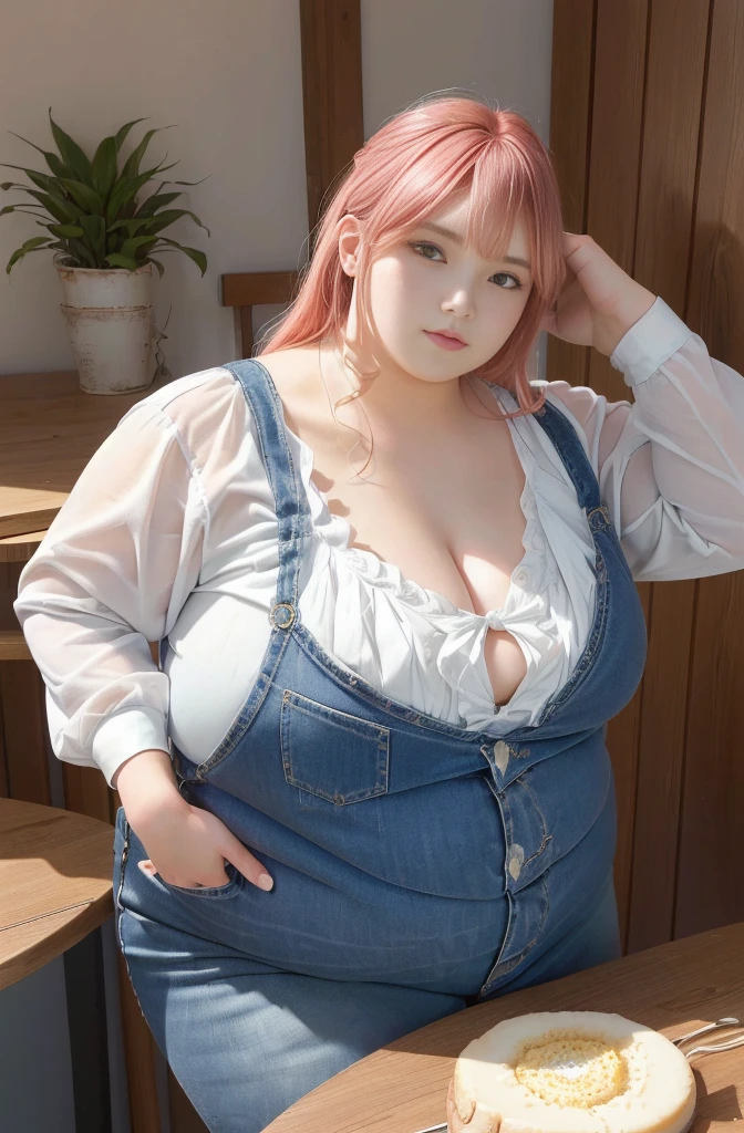 Makima de l'anime "chainsaw man", bbwchan, corps entier, magnifique et ultra détaillée. Ssbbw, obésité morbide, Cheveux rouges, yeux jaunes, visage gras, visage ultra détaillé et doux. Chemise, jupe en jean, pose dynamique, soleil, gros ventre rond et moux débordant sur la table 