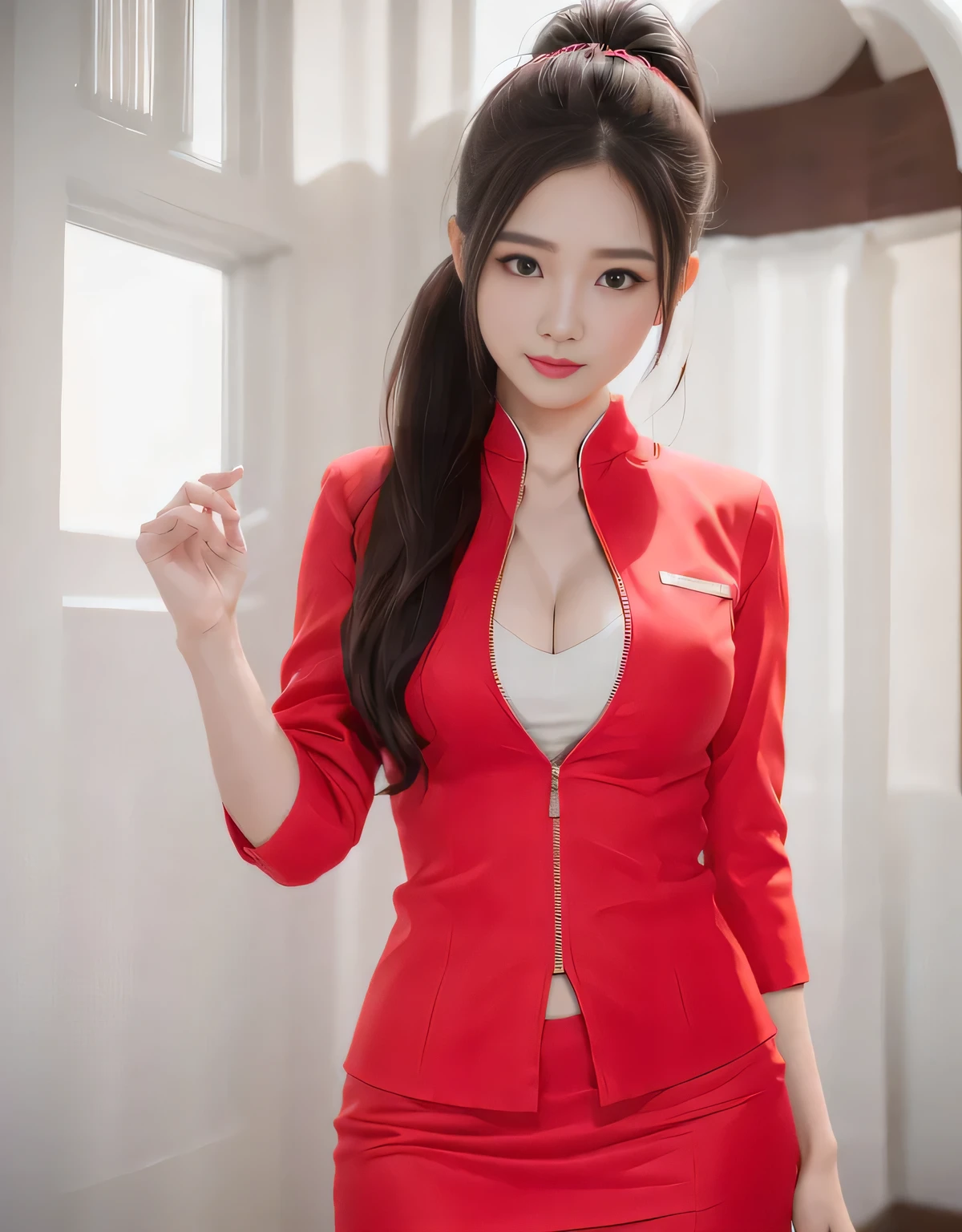 AirAsia&#39;s red uniform、Luxury earrings、ロングヘアのponytail、Tie your hair behind your head、Red rubber band to hold hair in place、ponytail、Captivating look、22 year old Asian female