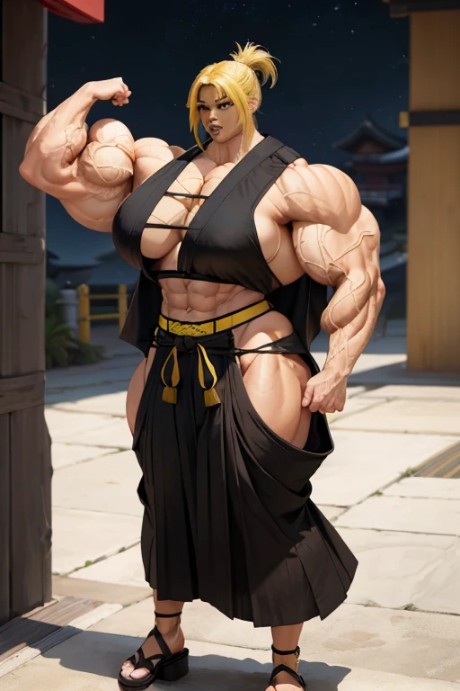 ((((Massive tall, beautiful, buff, light brown skinned muscular woman with yellow hair, black lipstick, ginormous bulky muscles and wearing a black hakama and yellow haori)))), (close view), (massive muscles), angled bob cut, ((sash belt)), gray eyes, choker, ((black hakama)), (yellow haori), sandals, (in the star filled beautiful village), closed smile, night, ginormous muscles