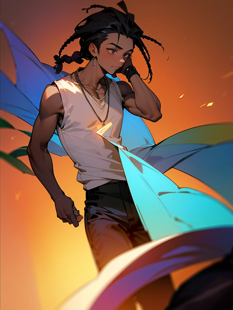(30 years old male:1.4), (African ethnicity:1.4), (solo focus:1.4), (alone:1.1), black hair, dreadlock hairstyle, (sleeveless shirt, necklace, black pants:1.4), athletic physique, 16K, HD, ultra quality image, extremely detailed, ultra quality eyes, mediums shots, (living room background), calm expressions