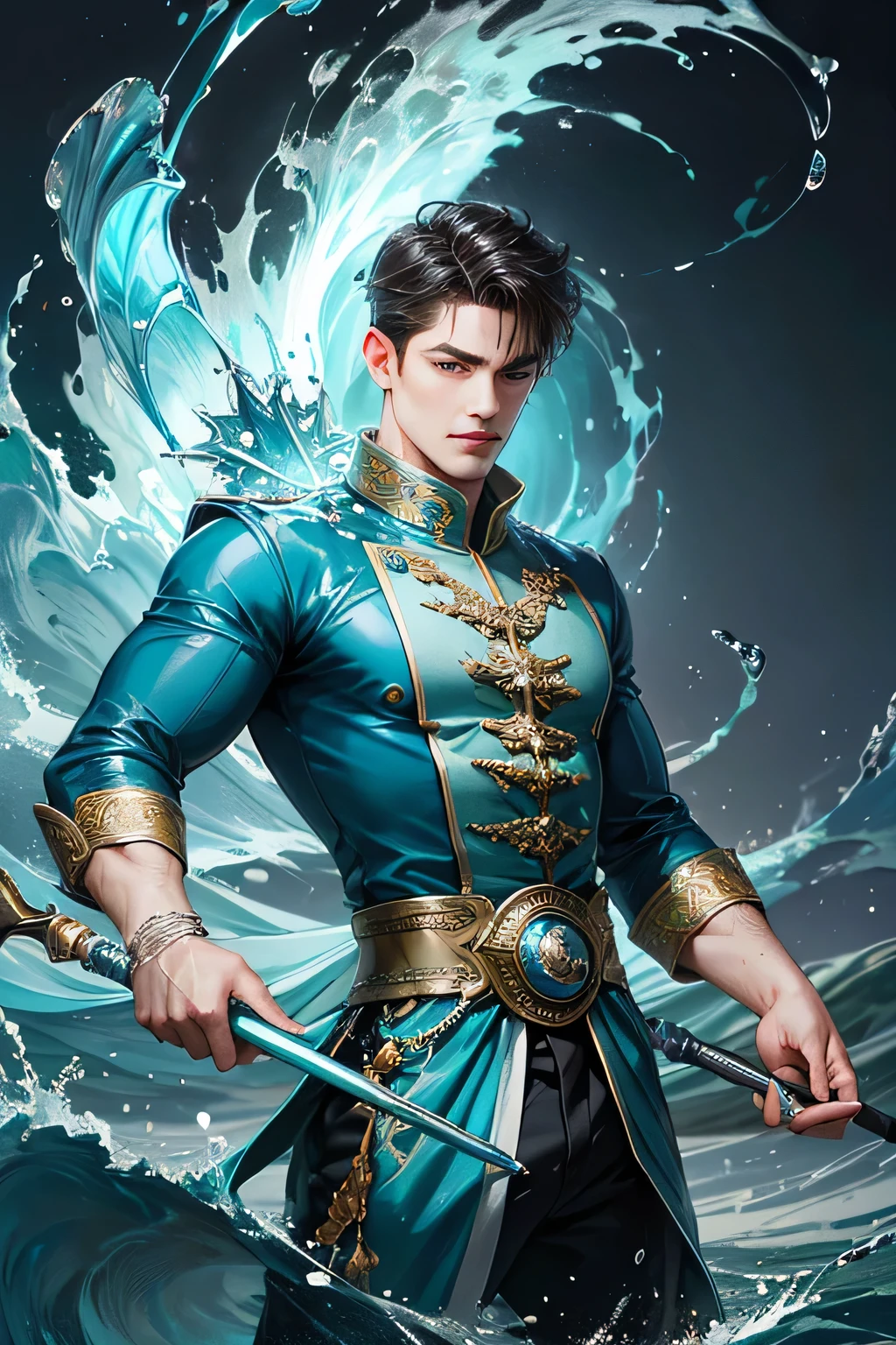 "Create an ultra-realistic image of a handsome 42-year-old man holding an aqua magical staff that emanates the powerful essence of water. Depict him surrounded by flowing currents, cascading waves, and shimmering droplets to highlight his command over the element of aqua. He should have an aqua sign marked on his body, signifying his role as the keeper of aqua and showcasing the dynamic, fluid energy of water he possesses within him."