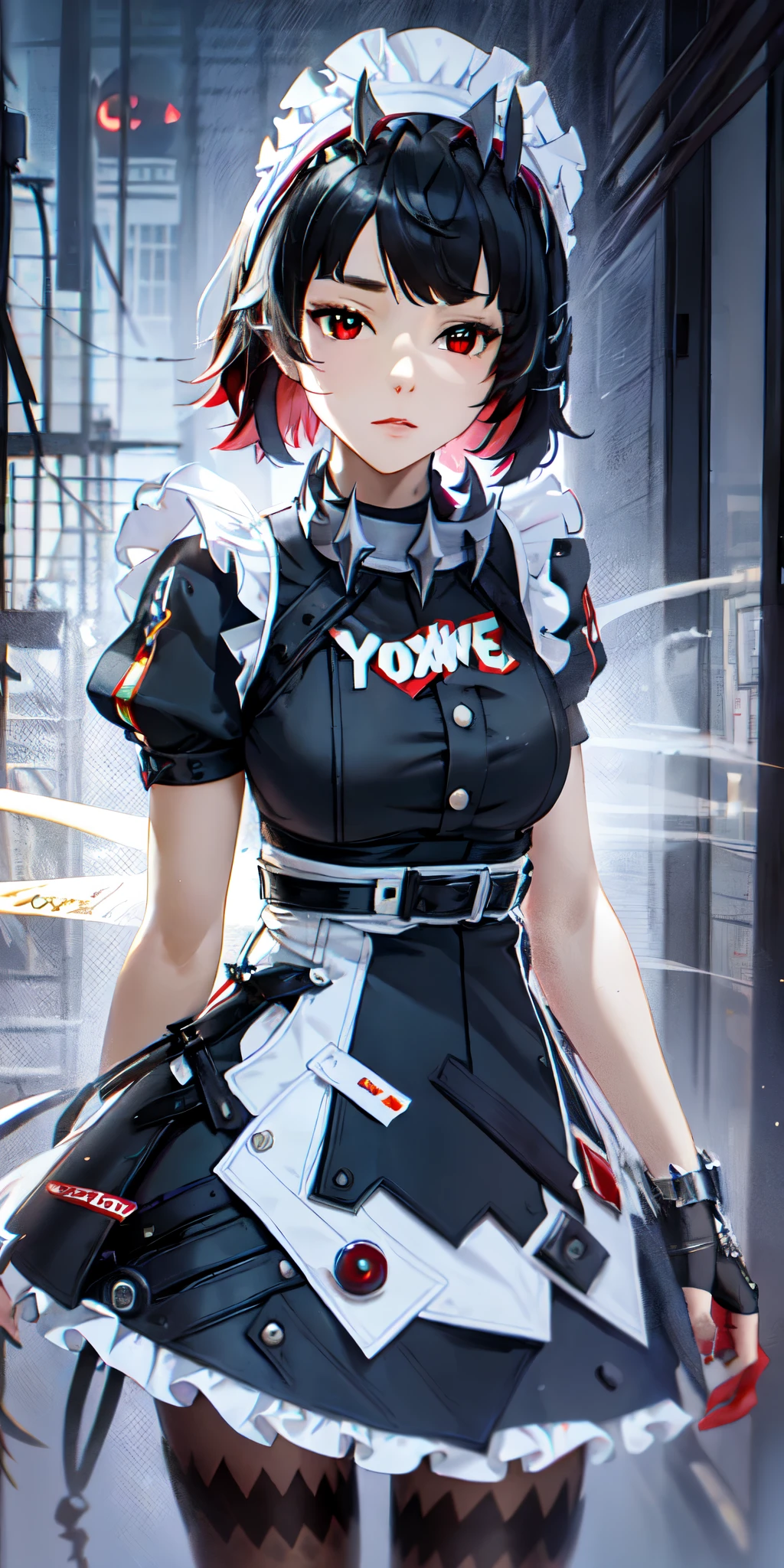 Anti-Joe, Ugly Joe, Black Hair, Colored undercoat, multicoloRed hair, (Red Eyes:1.3), Red hair, short hair, Two-tone hair,
rest bapron, black Pantyhose, black shirt, black skirt, ear punching, arrive, fish Tail, maid, maid apron, maid headdress, Pantyhose, punching, puffy Short sleeve, Puff sleeves, Shark Girl, shark Tail, shirt, Short sleeve, skirt, Tail, Two-tone hair, Wrist sleeves,
rest outdoors, City, Sky, cloud, sun, architecture, crowd, people, alley,
rest looking at viewer, (Cowboy shooting:1.5),
rest (masterpiece:1.2), best quality, high resolution, Unity 8K wallpaper, (illustration:0.8), (beautiful deTailed eyes:1.6), extremely deTailed face, Perfect lighting, extremely deTailed CG, (Perfect hands, Perfect anatomical structure),