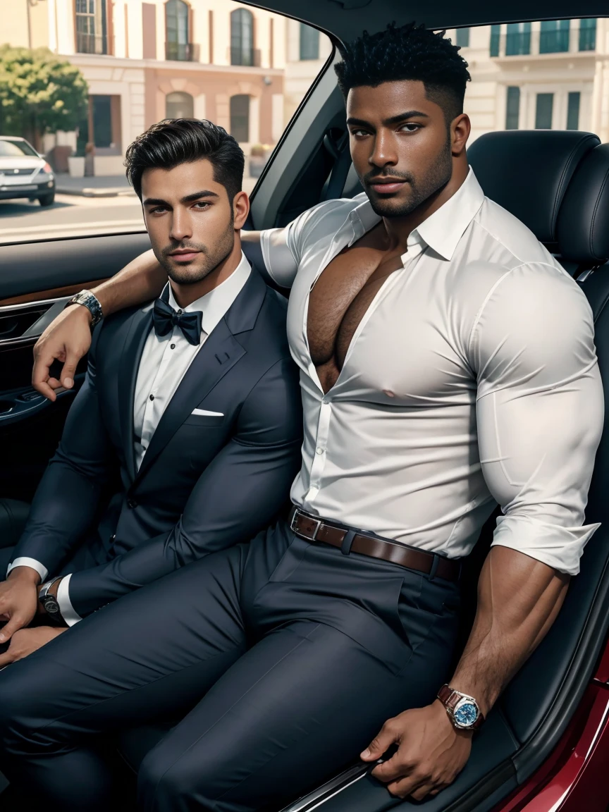 8K,8K resolution,2 Muscular Europeans, handsome man,charming eyes,dark skin,beautiful, smooth and shiny,Full muscles,Thick body hair, (wearing a stylish suit),big bag highlights,Excellent j8,emphasize,Driving a luxury convertible,The car is full of roses,Two men smiling happily,professional lighting,Professional photography,Realistic photos,realistic model,realistic art,Perfect hand details
