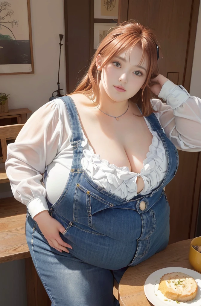 Makima de l'anime "chainsaw man", bbwchan, corps entier, magnifique et ultra détaillée. Ssbbw, obésité morbide, Cheveux rouges, yeux jaunes, visage gras, visage ultra détaillé et doux. Chemise, jupe en jean, pose dynamique, soleil, gros ventre rond et moux débordant sur la table 