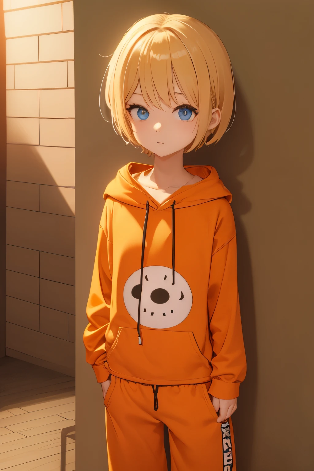 Blonde short hair girl、1 bundle of orange mesh、Orange ribbon at the end of the braid、Droopy eyes、Blue eyes、Wearing a baggy hoodie