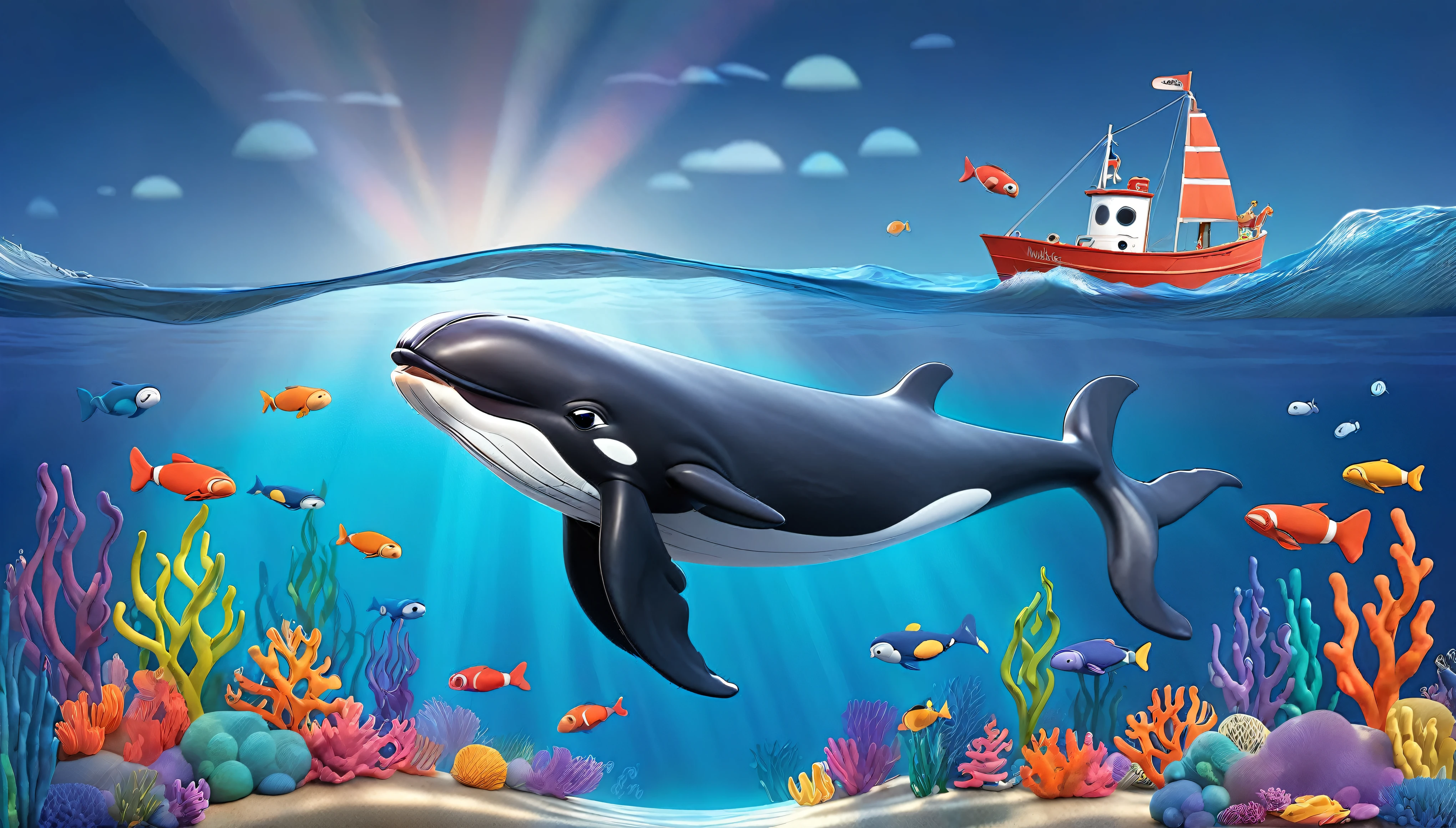 Create a 3-D Pixar style art scene for kids featuring a whale surfacing to breathe air, showing its blowhole. The scene should be colorful and vibrant, with an ocean background, coral reefs, and schools of fish.The overall mood should be engaging and inviting for young children.