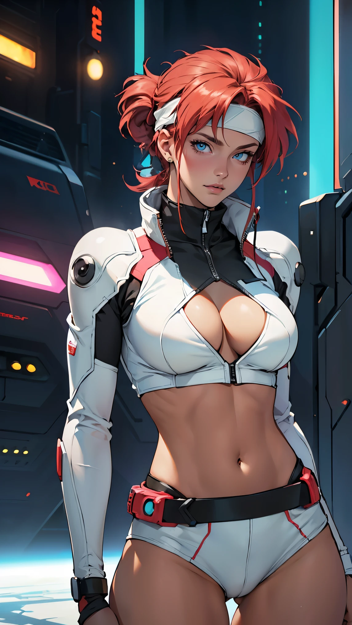 ((Masterpiece, highest quality; 1.3)), super quality, beautiful detail, super detailed, extra fine, 16K, exquisite, absurd, high resolution, beautiful background, detailed background, beautiful eyes, beautiful skin, anime style, Kay from Dirty Pair in a white outfit, tight outfit, cleavage, bushy redhead beauty, very light blue uniform, wearing tight clothes, skimpy, (mid chest: 1.2), cleavage, cleavage, slim waist , thin waist, slim thighs, thin legs, slim legs. thigh gap, showing stomach, skinny, thin hips, cyberpunk city background, holding retro space gun , headband,