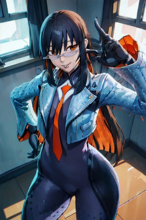 Daraku, Alone, 1girl, glasses, jacket, bodysuit, orange tie, long hair, gloves, smile, best quality, bedroom, window, masterpiece, sexy pose, low-angle shot