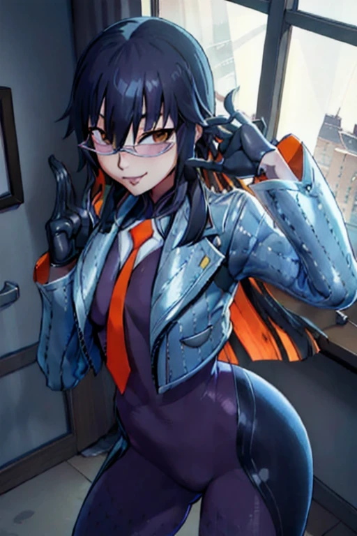 Daraku, Alone, 1girl, glasses, jacket, bodysuit, orange tie, long hair, gloves, smile, best quality, bedroom, window, masterpiece, sexy pose, low-angle shot