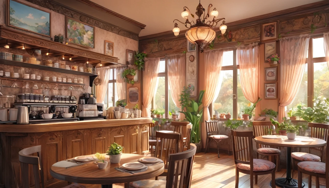 A cozy cafe on a sunny afternoon, a few customers inside, anime style, detailed interior, warm lighting, intricate wood furnishings, potted plants, vintage decor, comfortable armchairs, steam from coffee cups, soft pastel colors, delicate lace curtains, detailed character designs, expressive facial features, beautiful detailed eyes, beautiful detailed lips, extremely detailed eyes and face, long eyelashes, (best quality,4k,8k,highres,masterpiece:1.2),ultra-detailed,(realistic,photorealistic,photo-realistic:1.37),intricate details,soft lighting,vibrant colors,warm tones,beautiful composition