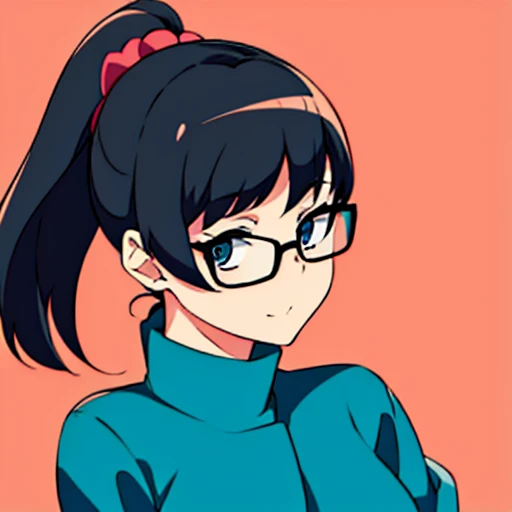 high quality, female, kawaii, cel anime, ponytail, black hair, glasses