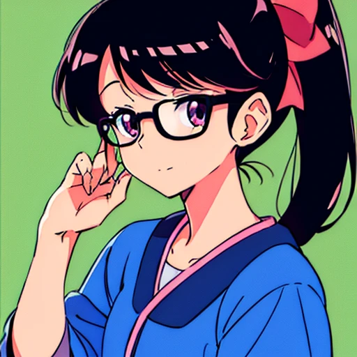 high quality, female, kawaii, cel anime, ponytail, black hair, glasses