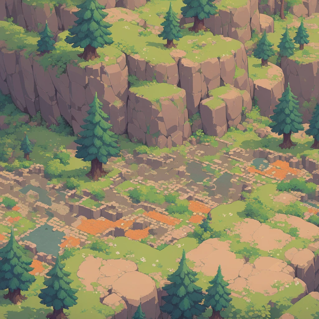 retro video game style,pixelated, vibrant pastel colors,8-bit characters,blocky shapes,sharp lines,detailed shading,classic gaming vibe,nostalgic atmosphere,classic arcade games,masterpiece:1.2,ultra-detailed,illustration style, 2d texture, stone texture, 4 k seamless mud texture, video game texture, dirt texture, tileset, game tiles, grass, 3/4th perspective trees, 3/4th perspective tileable rock texture, 3/4th perspective tileable cliff formations, tileable trees, topdown view, game texture, game art, tileable texture, very detailed cliff texture, intricate stones, top down view, 3/4th perspective