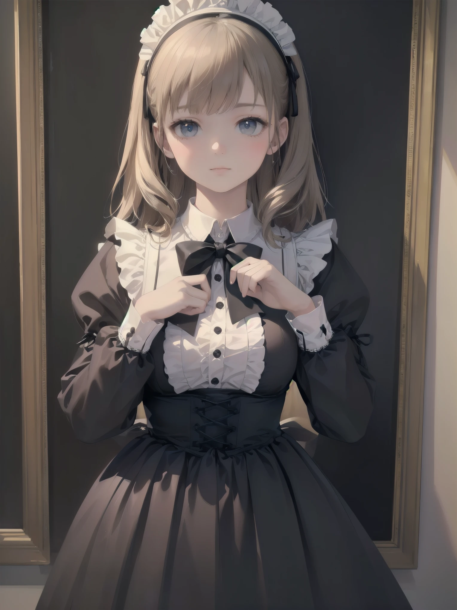 (Highest quality、16K、masterpiece、Ultra-high resolution、Victorian era、Photorealistic:1.2)、A delicate Lolita girl, aged 13、Cute pose of a lolita maid,