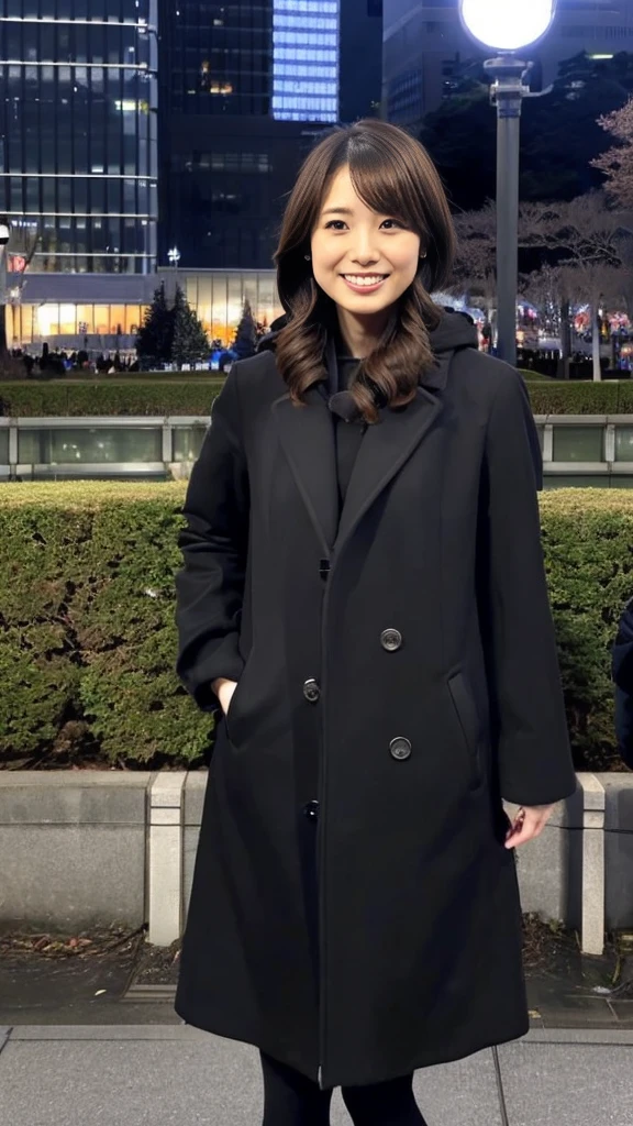 Full-body photo of a cute Japanese weather forecaster wearing a black pantsuit and coat,Medium Hair, pumps,A girl broadcasting live with a microphone in both hands,Broadcasting with a microphone outdoors in Tokyo in winter,Standing in front of Tokyo Station,wearing pumps and black tights,masterpiece