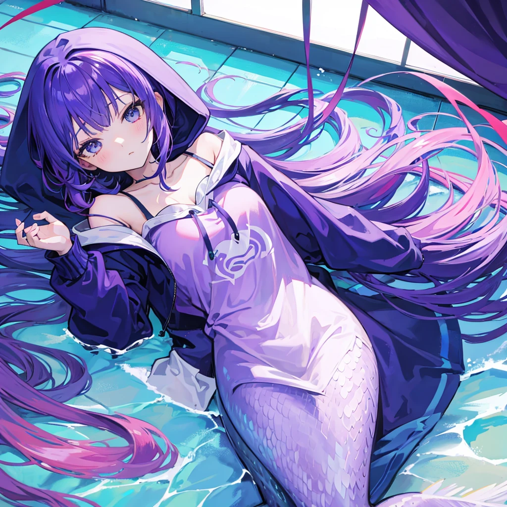 anime mermaid hoodie Lying down with purple hair Blue Tail