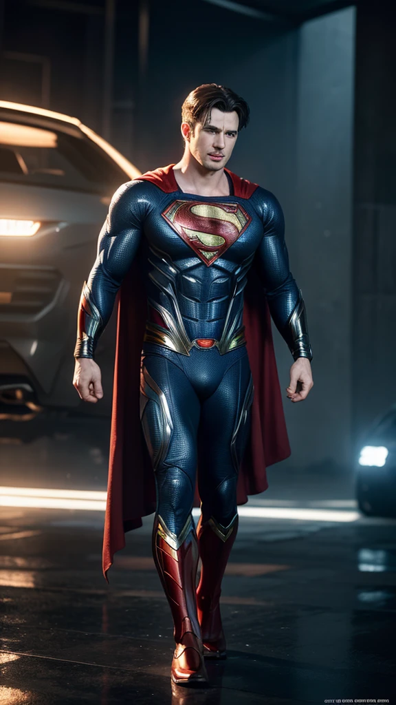 ((masterpiece)), ((best quality)), NVIDIA RTX, intricate details, cinematic lights, reflection lights details, Chris Evans as Superman, futuristic Superman suit, full body