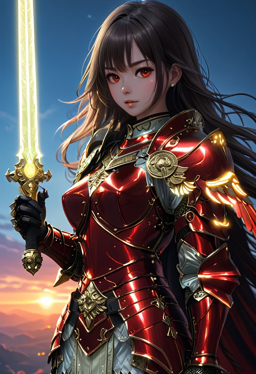 1girl. female, solo, wearing red leather armor, holding glowing tech weapon infront of her, holding glowing tech sword, angel wings, skyscape sunset, HD, masterpiece, best quality, hyper detailed, ultra detailed,