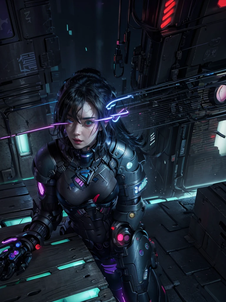 (best quality, masterpiece:1.2), cyberpunk, vulgar, nasty cyborg woman under repair, flaming eye, robots, lovedoll, face, sex shop, neon lights, dystopian cityscape, dark alley, smoke, graffiti, body modifications