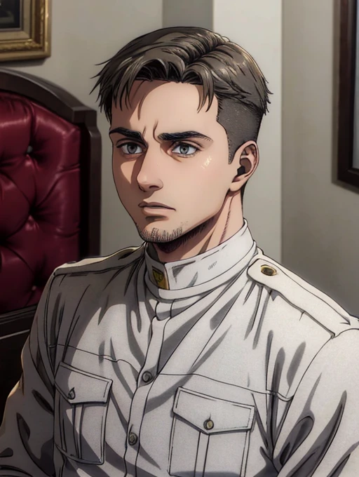 35 years old man, military hair, gray eyes, White military uniform, quartel general