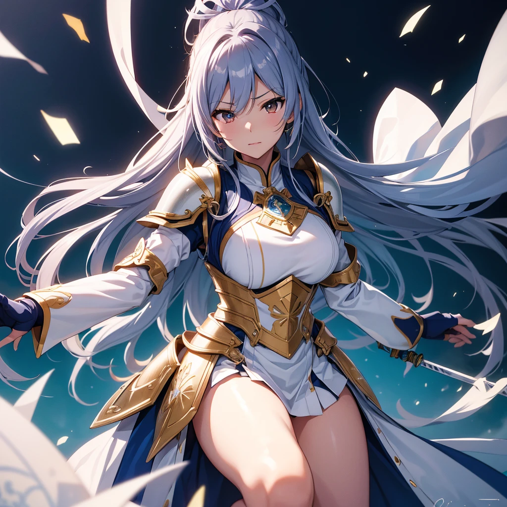 Highest quality、Very detailed、High resolution illustrations、Ultra-high-definition CG、８k size wallpaper、Production art、Light Novel Illustration、sakuya shirase、Midnight blue long ponytail、Platinum tiara with blue gemstones、Red eyes、(Tree Eyes), Cool and sharp features, Female magical warrior、white&Gold breastplate、Blue and white leotard、(((With side armor and long slits、ブルーとwhiteゴールドで装飾されたペンシルスカート)))、Half puff sleeves with shoulder pads、A large white ribbon with a large sapphire on the chest、whiteと青のロング手袋、whiteと青の太ももまでのスティレットブーツ、whole body、She has a sword with a glowing blue blade..