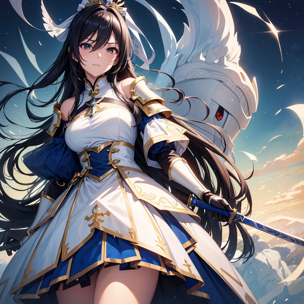 Highest quality、Very detailed、High resolution illustrations、Ultra-high-definition CG、８k size wallpaper、Production art、Light Novel Illustration、sakuya shirase、Midnight blue long ponytail、Platinum tiara with blue gemstones、Red eyes、(Tree Eyes), Cool and sharp features, Female magical warrior、white&Gold breastplate、Blue and white leotard、(((With side armor and long slits、ブルーとwhiteゴールドで装飾されたペンシルスカート)))、Half puff sleeves with shoulder pads、A large white ribbon with a large sapphire on the chest、whiteと青のロング手袋、whiteと青の太ももまでのスティレットブーツ、whole body、She has a sword with a glowing blue blade..