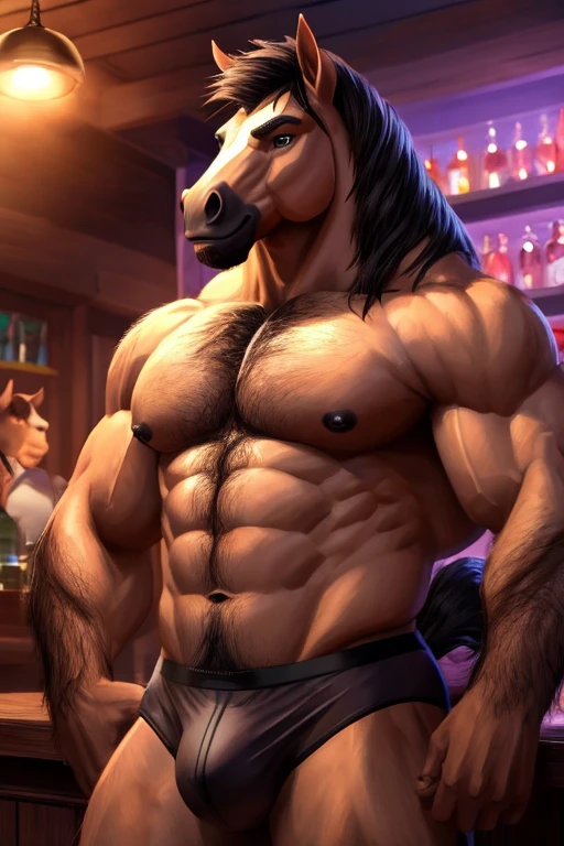 horse,male,aldult,Solitary,4K,Best quality,best quality,Looking at the audience,Hairy body,Topless,,Bare chest,chest hair,Fluffy tail,Chest muscles,Chest muscles,粉红nipple,nipple,Six-pack abs,Anatomically correct,Delicate fur,pride,Soft shadows,Majestic and detailed face,High quality eyes,Brown pupils,Black eyes,,,Grandiose,brave,Confident smile,Strong,Mature,underwear,Convex,bar,