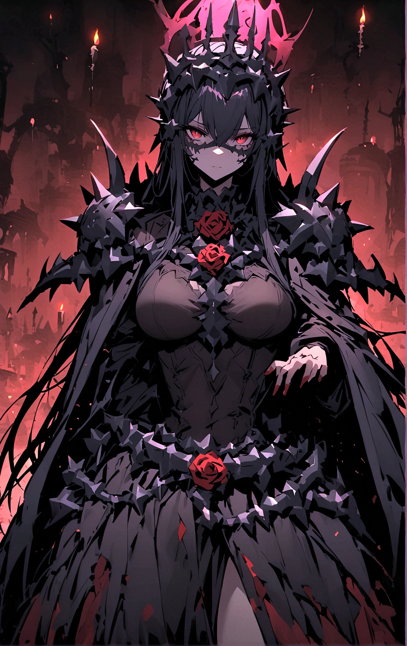 Queen,(Sexy women),Dark Abyss, Crown of thorns,((sunder碎衣服)),sunder,((Thorn rose)),sunder碎的墓碑,Candle,Dark atmosphere,wasteland,only one person,night,Blood