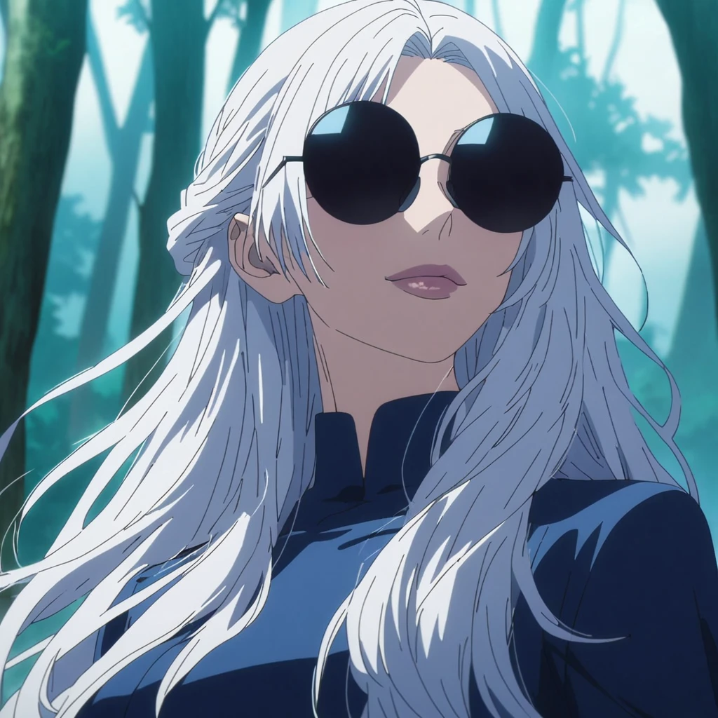 1girl, anime screencap from jujutsu kaisen, solo, very long_hair, ((smooth texture hair)) purple eyes, ((long hair, white hair, blue universal_eye)), breasts, upper_body, smile, forest background, blue_eyes, lips, ((long white hair, elegant hairstyle ,blue universal_eye)) wearing black color clothes, breast, "very detailed and high resolution" (blue eyes) ((cross arms)) ((smooth texture hair)) ((solo)) ((high resolution)) (Good quality) ((wearing round sunglasses over the head))