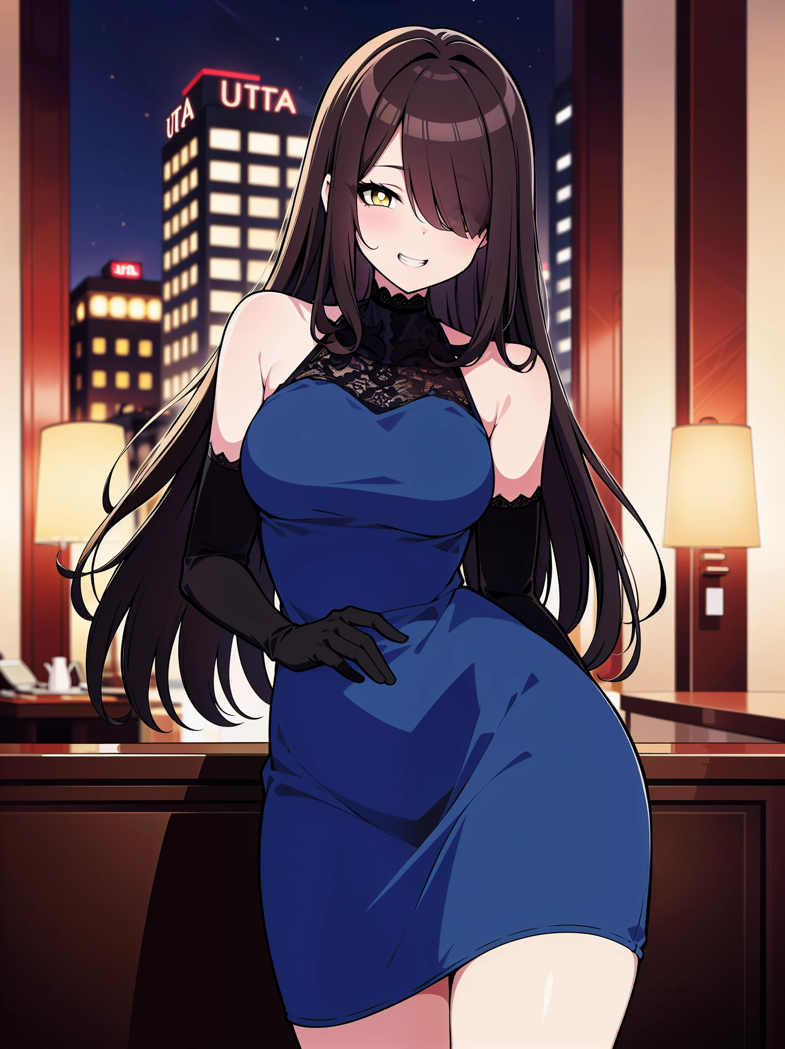 (cowboy shot), (ultra-high resolution, depth of field:1.2), 1woman, mature, brunette hair, long straight hair, yellow eyes, hair over one eye, medium breasts, (wide hips), night dress, (blue dress), elbow gloves, black lace gloves, indoors, bare shoulders, sleeveless dress, ((fancy hotel lobby)), grin