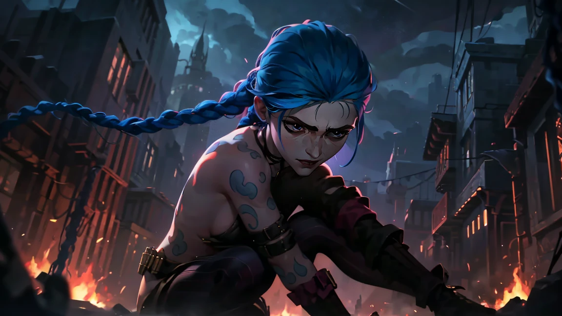 (masterpiece, Best quality), 1 girl, portrait, very sexy, crazy look, smile, crying, pink tears, tears on the cheeks, tears from eyes, full length (full body 1.1.), очень feminine, fighting stance, battle, fire, explosions, burning city, Beautiful waist, gloomy composition, flame, fire, Flash, very beautiful, feminine, long hair, hair braided in long braids, very sexy, tight leather pants, emphasis on the eyes, emphasis on the face, Beautiful face, Hands, Hair, Haired ponytail, red purple eyes, Джинкс crying, Blue cloud tattoo, (masterpiece, Best quality), Side lighting, beautiful detailed eyes, crazy face), (Best quality), (masterpiece), magic photography, Spectacular lighting, Photorealism, ultra detailed, интимная portraitная композиция, 1. 4,8 k UHD, aesthetic, Cd., A high resolution, 8 k, better lighting, Best shade, Ultra-HD, A high resolution, sharp focus, Complex background, Cinematic lighting, ((Landscape view)), 4K block, (better lighting), ((Cinematic lighting)),