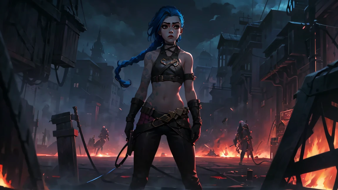 (masterpiece, Best quality), 1 girl, portrait, very sexy, crazy look, smile, crying, pink tears, tears on the cheeks, tears from eyes, full length (full body 1.1.), очень feminine, fighting stance, battle, fire, explosions, burning city, Beautiful waist, gloomy composition, flame, fire, Flash, very beautiful, feminine, long hair, hair braided in long braids, very sexy, tight leather pants, emphasis on the eyes, emphasis on the face, Beautiful face, Hands, Hair, Haired ponytail, red purple eyes, Джинкс crying, Blue cloud tattoo, (masterpiece, Best quality), Side lighting, beautiful detailed eyes, crazy face), (Best quality), (masterpiece), magic photography, Spectacular lighting, Photorealism, ultra detailed, интимная portraitная композиция, 1. 4,8 k UHD, aesthetic, Cd., A high resolution, 8 k, better lighting, Best shade, Ultra-HD, A high resolution, sharp focus, Complex background, Cinematic lighting, ((Landscape view)), 4K block, (better lighting), ((Cinematic lighting)),