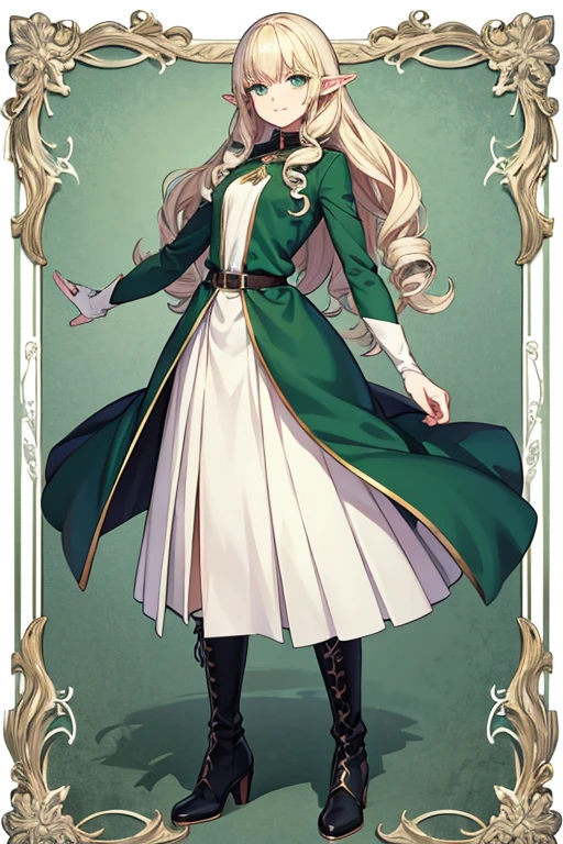 Anime Art、Full body portrait、alone、Fantasy world characters、A tall elf woman, about 39 years old, about 175 cm tall, walking, wearing a green shirt、Long skirt with slits reaching down to the ankles、Smiling、Her hair is curly and semi-long.、Platinum Blonde Hair、Green Eyes、gloves、Flat chest、Knee-high boots