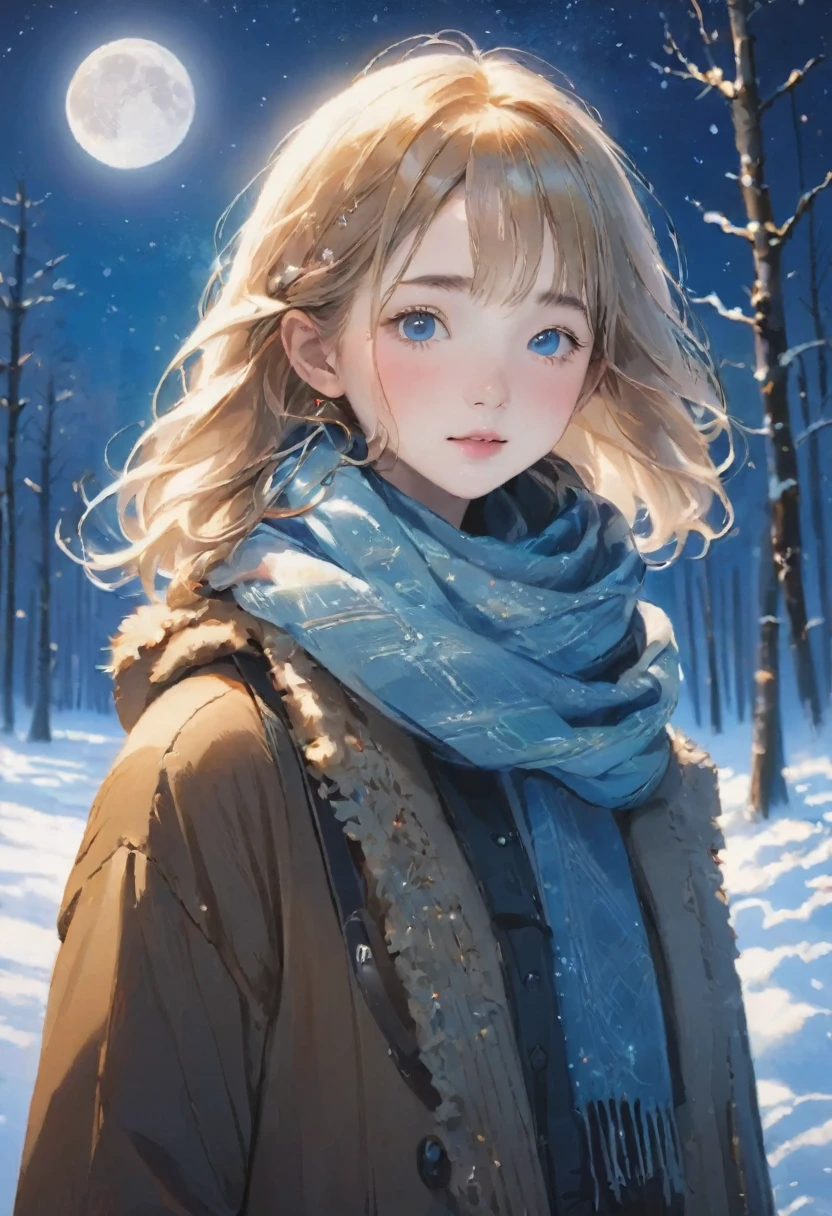 RAW Photos、Realistic、Highest quality、masterpiece、、A girl wearing a duffle coat and an onahole、Luxury brand duffle coat、Brightly colored scarves、((scarf hair:1.3))、cold夜、Red cheeks、I breathe、minus30The world of degrees、Diamond dust、月明かりに輝くDiamond dust、Deep in the forest、Full moon night、かわいいface、Very detailed_face_eye、cold、Alaska Night、Starry Sky、