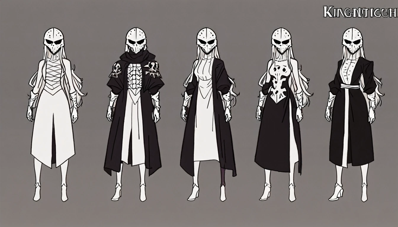young woman, The Dark Knight, Long Black Robe, concept art, Black cuirass, gloomy plate gloves, white long hair, helmet with skull mask, 3 options
