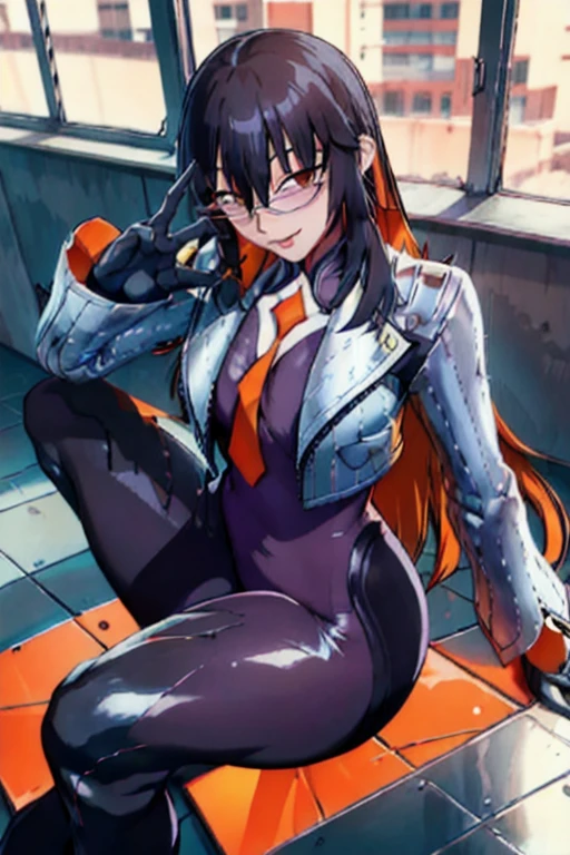 Daraku, Alone, 1girl, glasses, jacket, bodysuit, orange tie, long hair, gloves, smile, best quality, bedroom, window, masterpiece, sexy pose, sitting, side-angle shot