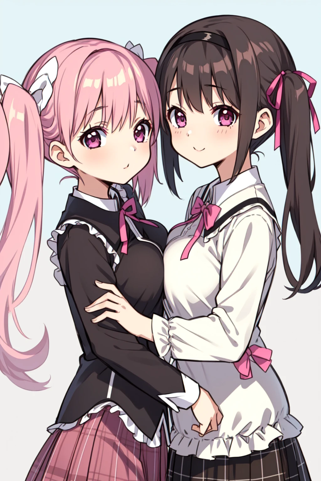 2girls, akemi homura, alternate breast size, black hair, day, bow, breast press, hair ribbon, hairband, kaname madoka, long hair, looking at viewer, mitakihara , multiple girls, pink eyes, pink hair, plaid, plaid skirt, purple eyes, ribbon, , short hair, short twintails, simple background, skirt, symmetrical docking, twintails, white background, (((yuri,outdoors,潰れた大きい胸))),NSFW
