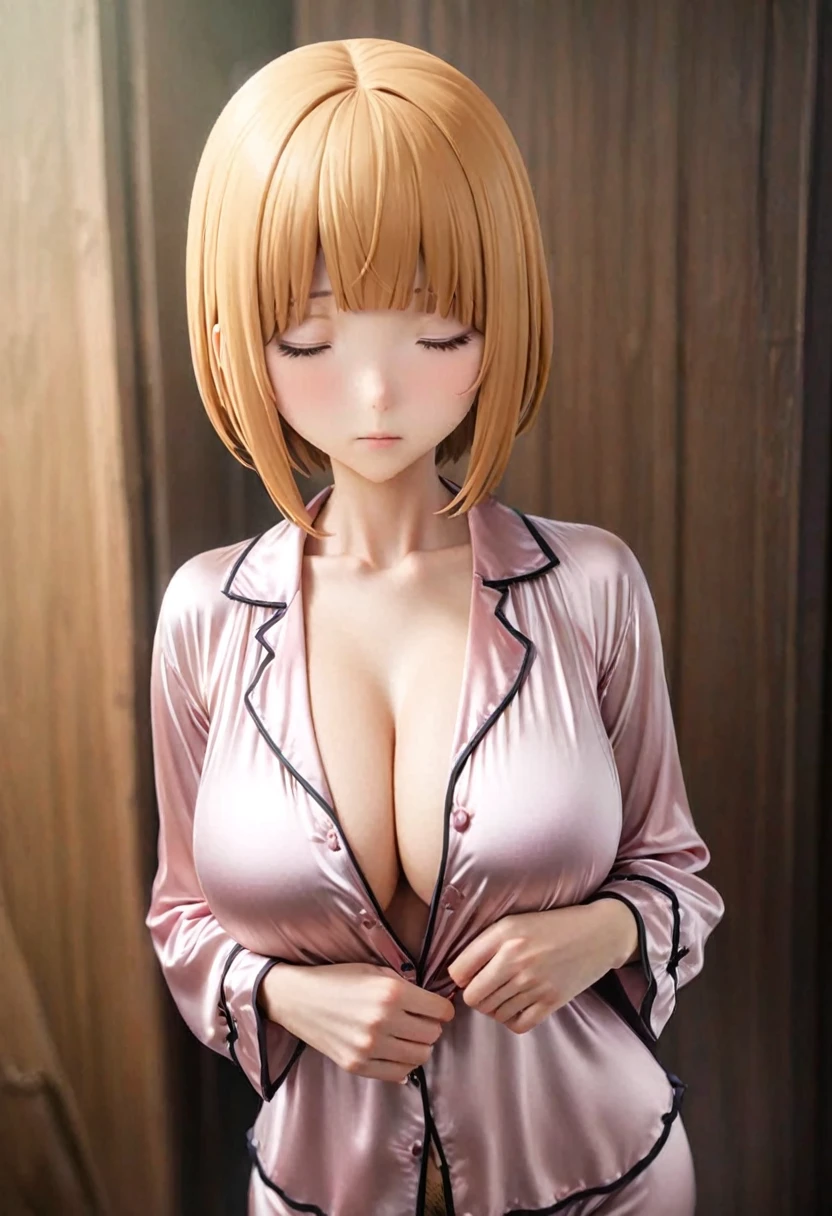 (masterpiece, best quality:1.2), 1 girl, solitary，short hair（（Sexy silk pajamas）），Large Breasts（8K）（HD）（（best quality））， （（Surrealism）），，pubic hair