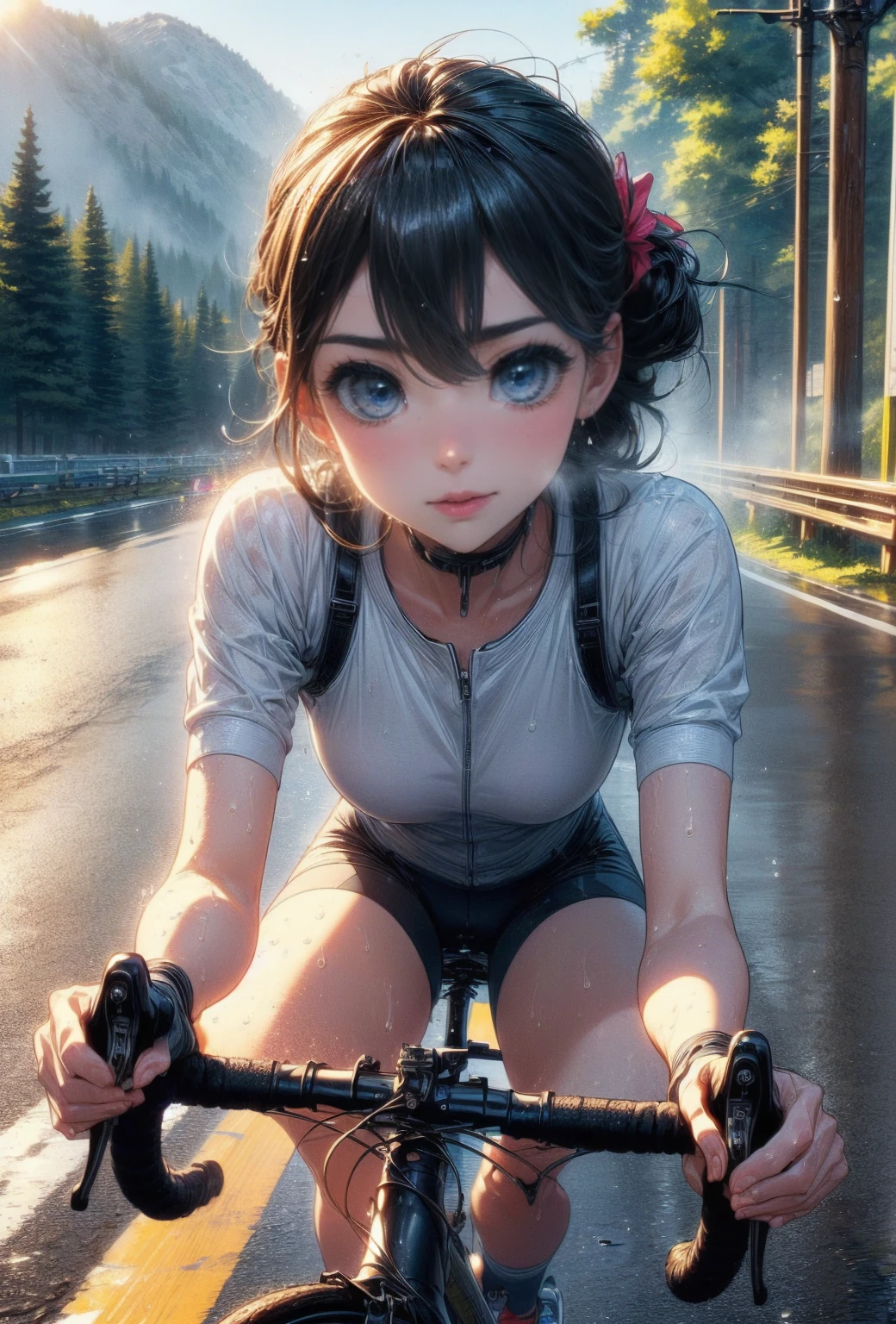 NSFW、Highest quality、(Road bike)、((ride a bicycle))、No background、Smiling at the viewer、Beautiful Eyes、Beautiful Face、Delicate eyes、((Sweatで透けたスポーツウェア))、Sweat、refreshing plateau、、