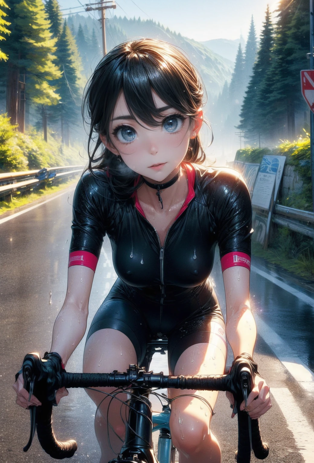 NSFW、Highest quality、(Road bike)、((ride a bicycle))、No background、Smiling at the viewer、Beautiful Eyes、Beautiful Face、Delicate eyes、((Sweatで透けたスポーツウェア))、Sweat、refreshing plateau、、