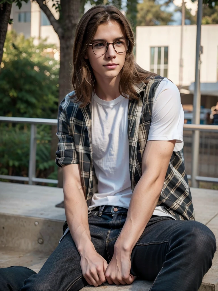 1 age white boy, detailed eyes, curly brown hair, pale smooth skin, sitting outdoors, black ripped skinny jeans, plaid shirt outerwear, t-shirt, looks like model, (best quality,4k,8k,highres,masterpiece:1.2),ultra-detailed,(realistic,photorealistic,photo-realistic:1.37),hyperrealistic, cinematic lighting, professional photography, natural setting, warm color tones, pale skin ultra realistic soft smooth skin, soft smile, wearing glasses, skater boy vibe, sitting at skatepark, handsome man, very handsome face, white boy with handsome face, shoulder length hair, perfect hands, perfect anatomy, realistic full body, realistic, white pale skin,cute face