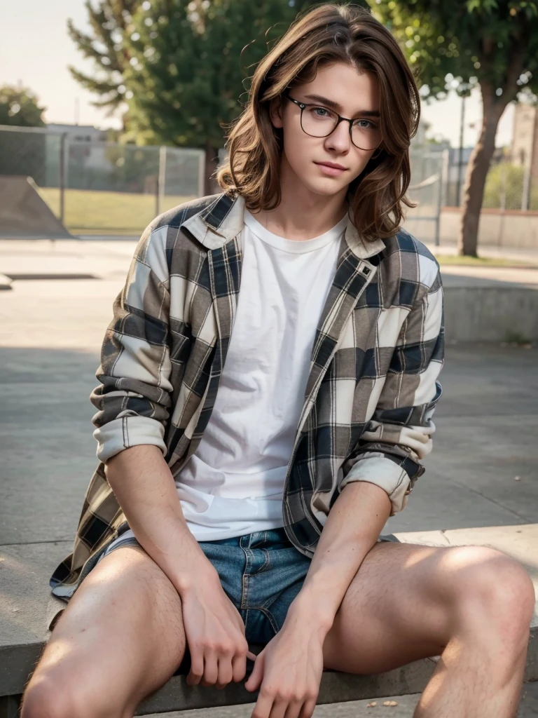 1 age white boy, detailed eyes, curly brown hair, pale smooth skin, sitting outdoors, black ripped skinny jeans, plaid shirt outerwear, t-shirt, looks like model, (best quality,4k,8k,highres,masterpiece:1.2),ultra-detailed,(realistic,photorealistic,photo-realistic:1.37),hyperrealistic, cinematic lighting, professional photography, natural setting, warm color tones, pale skin ultra realistic soft smooth skin, soft smile, wearing glasses, skater boy vibe, sitting at skatepark, handsome man, very handsome face, white boy with handsome face, shoulder length hair, perfect hands, perfect anatomy, realistic full body, realistic, white pale skin,cute face