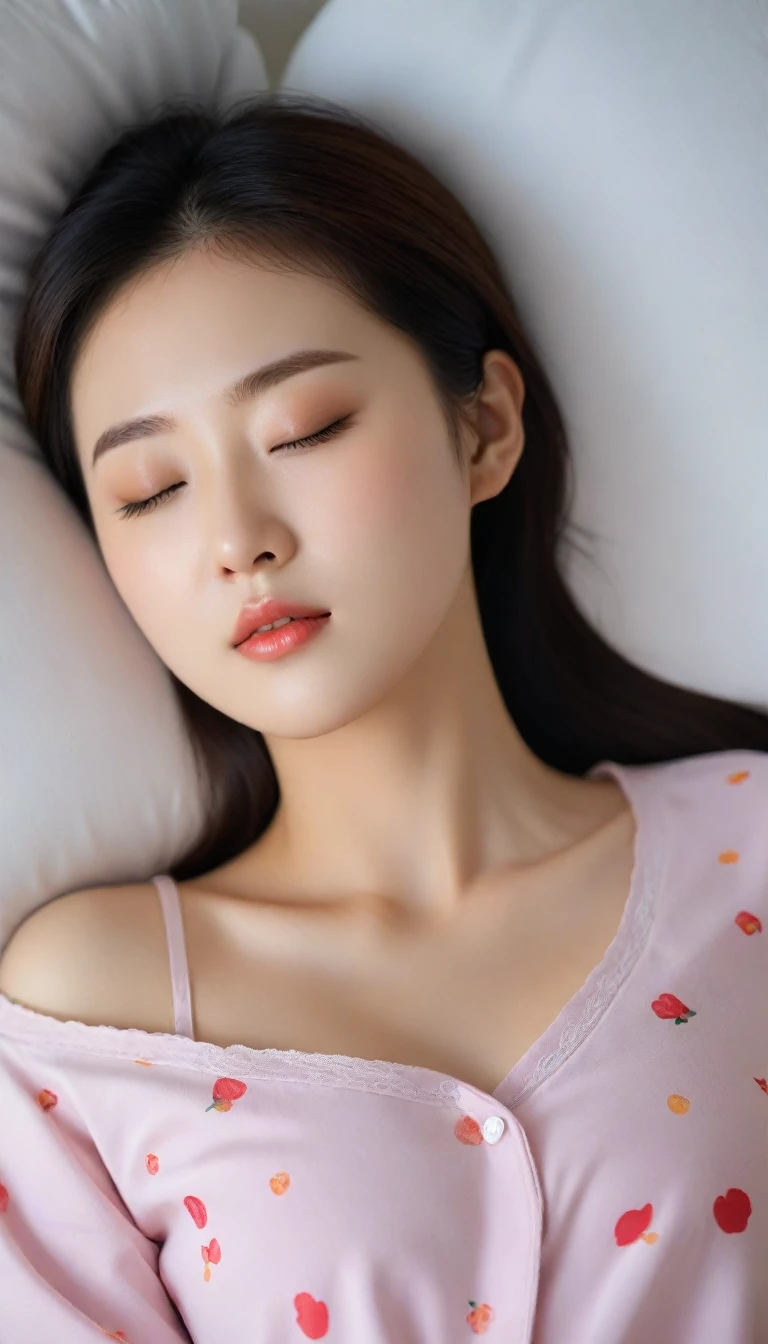 Close up of beautiful Korean woman, 34 inch chest size,Wearing pajamas, Lying in bed and closing my eyes, , short hairUH