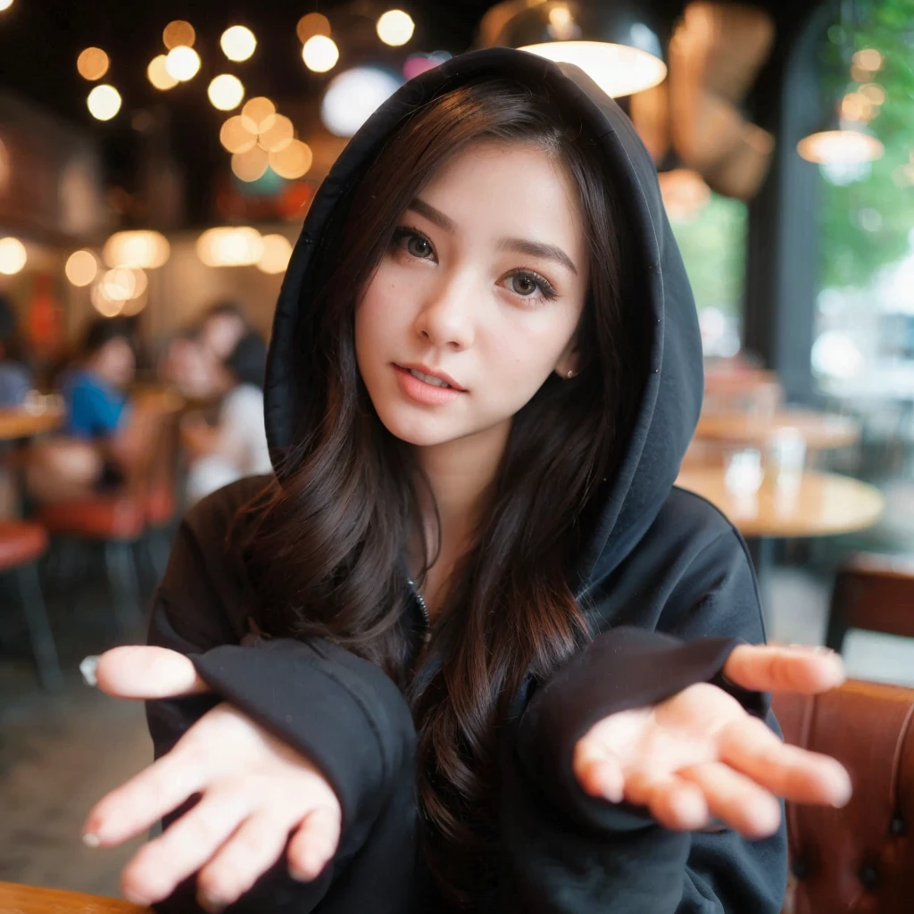 A beautiful woman wearing a hoodie is in a cafe