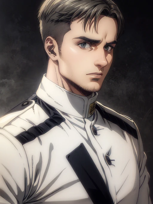 35 years old man, military hair, gray eyes, White military uniform, quartel general