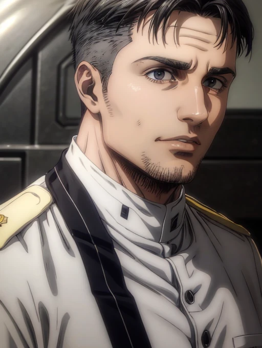 35 years old man, military hair, gray eyes, White military uniform, quartel general